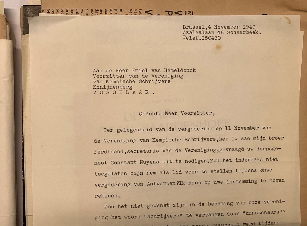 Brief naar Van Hemeldonck als voorzitter van de Vereniging van Kempische schrijvers