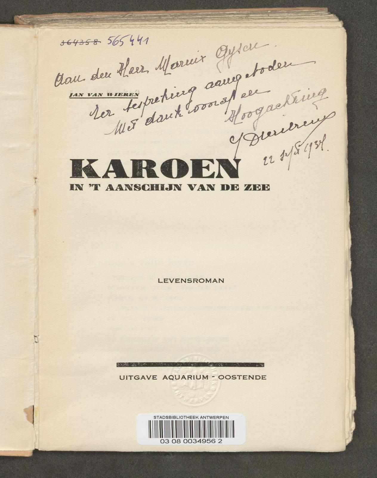 Gesigneerd exemplaar van Karoen, gericht aan Marnix Gijsen