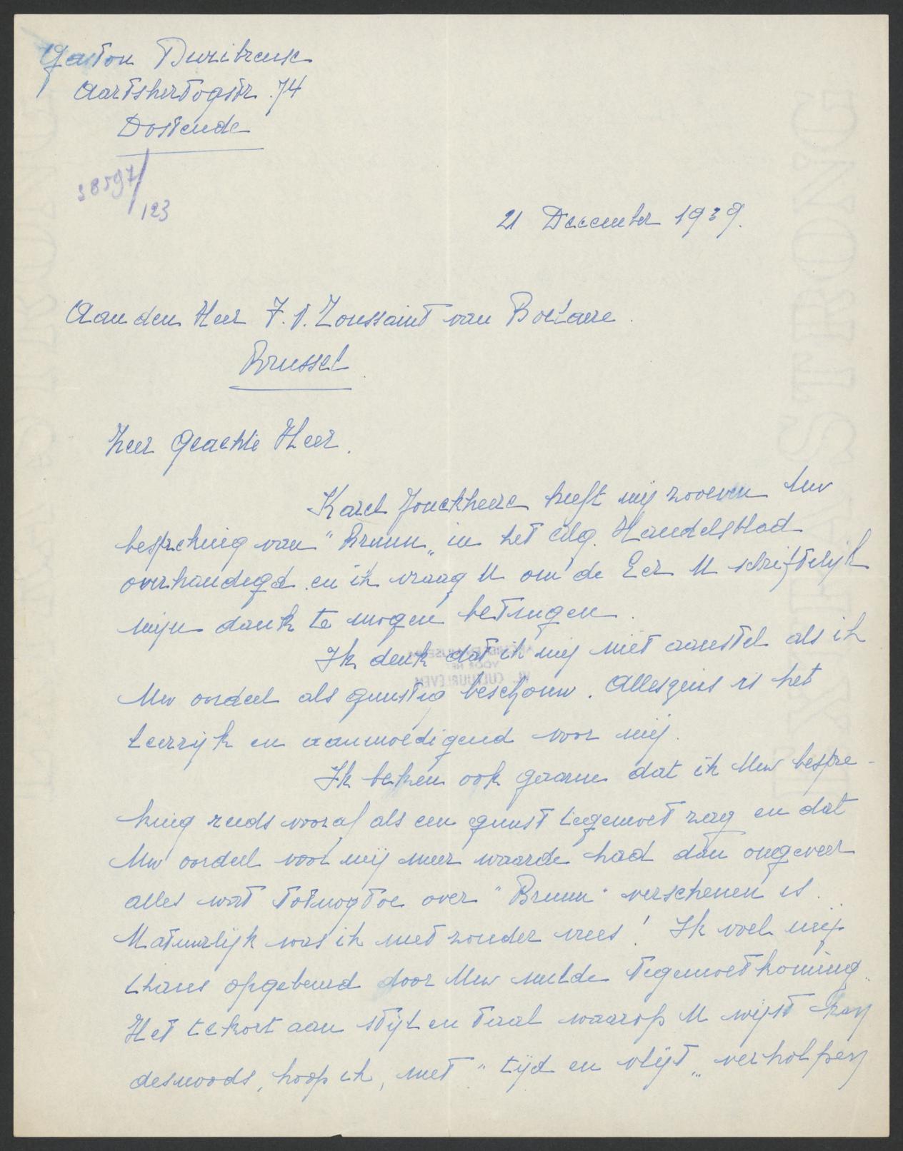 Brief uit 1939 van Gaston Duribreux aan Fernand Toussaint van Boelaere