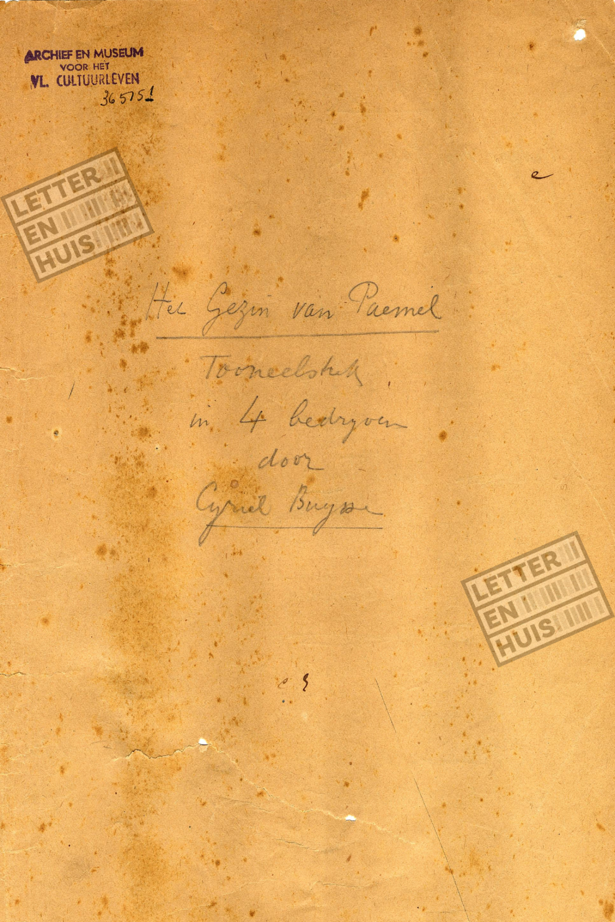 Cover van manuscript van het toneelstuk Het Gezin van Paemel
