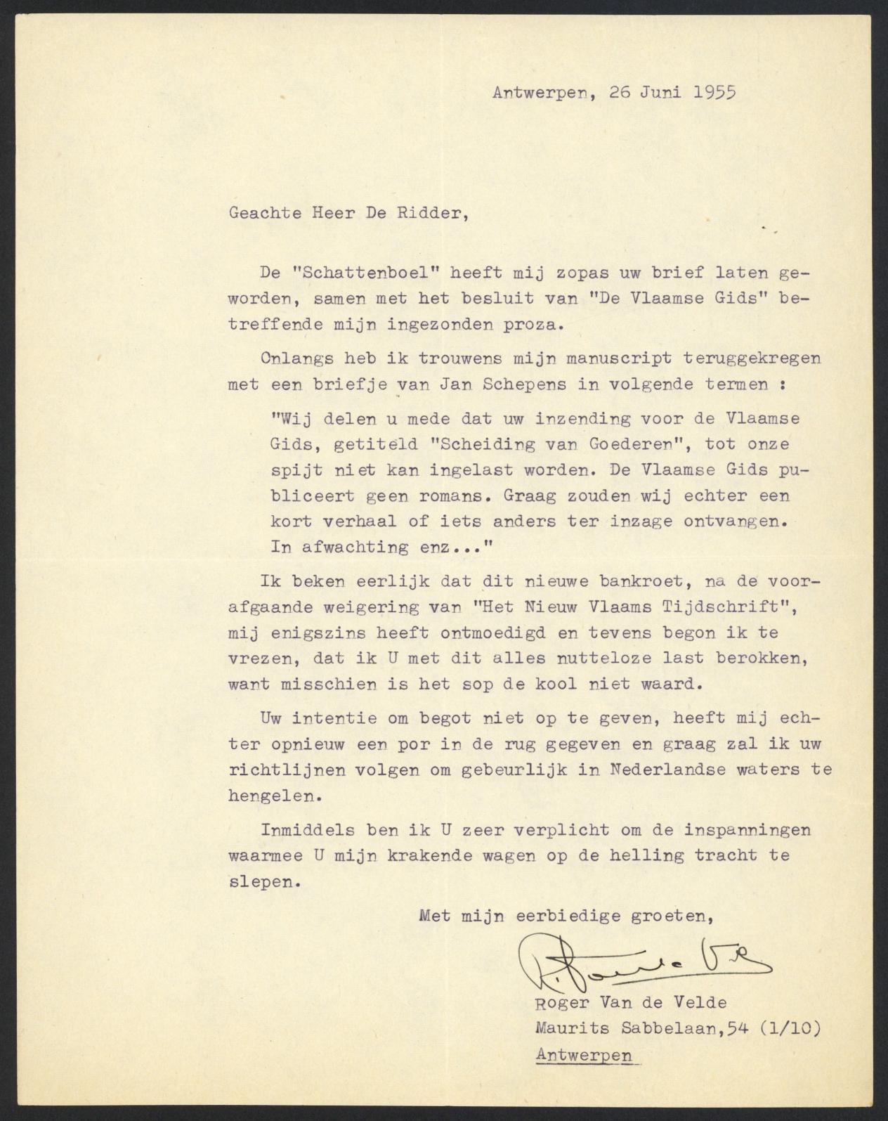 Brief Roger van de Velde aan Willem Elsschot, 26 juni 1955