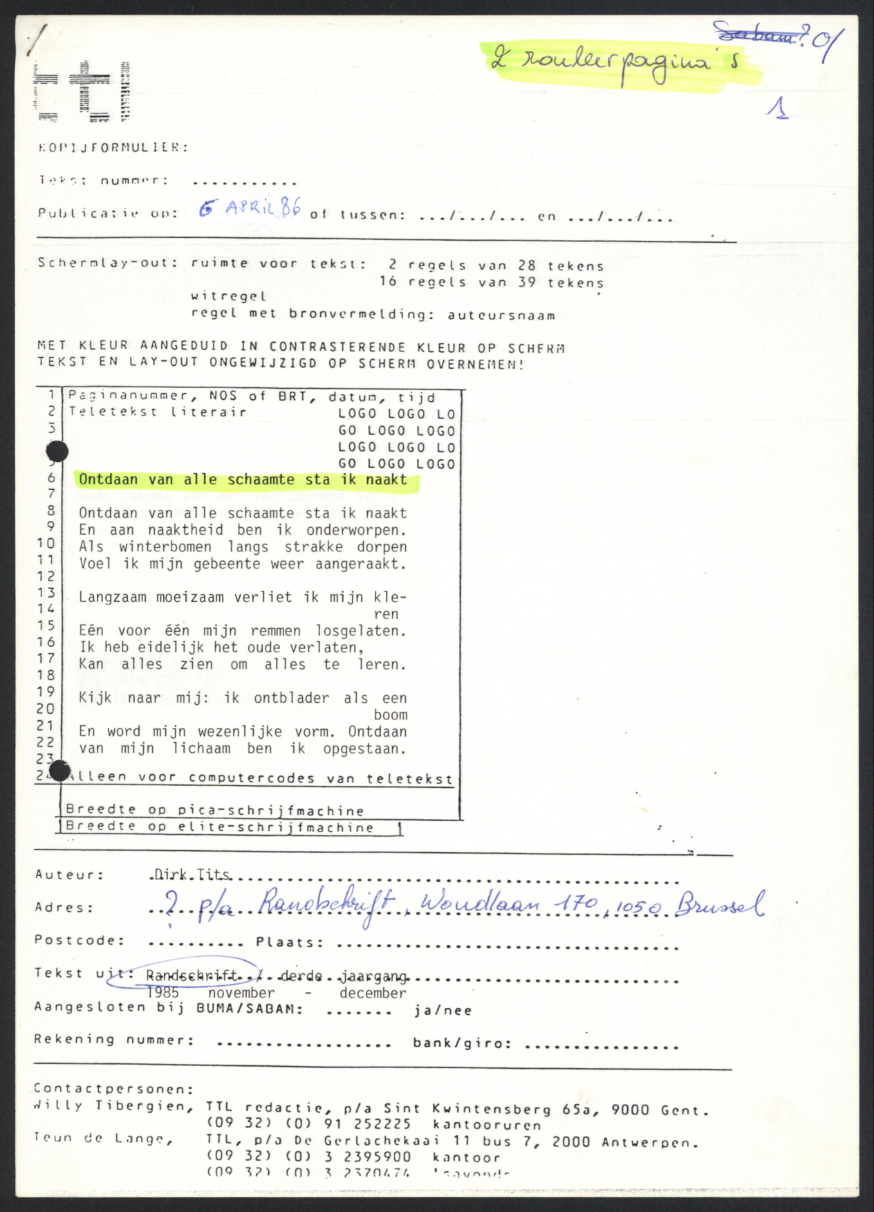 Gedicht uit archief Teletekst Literair