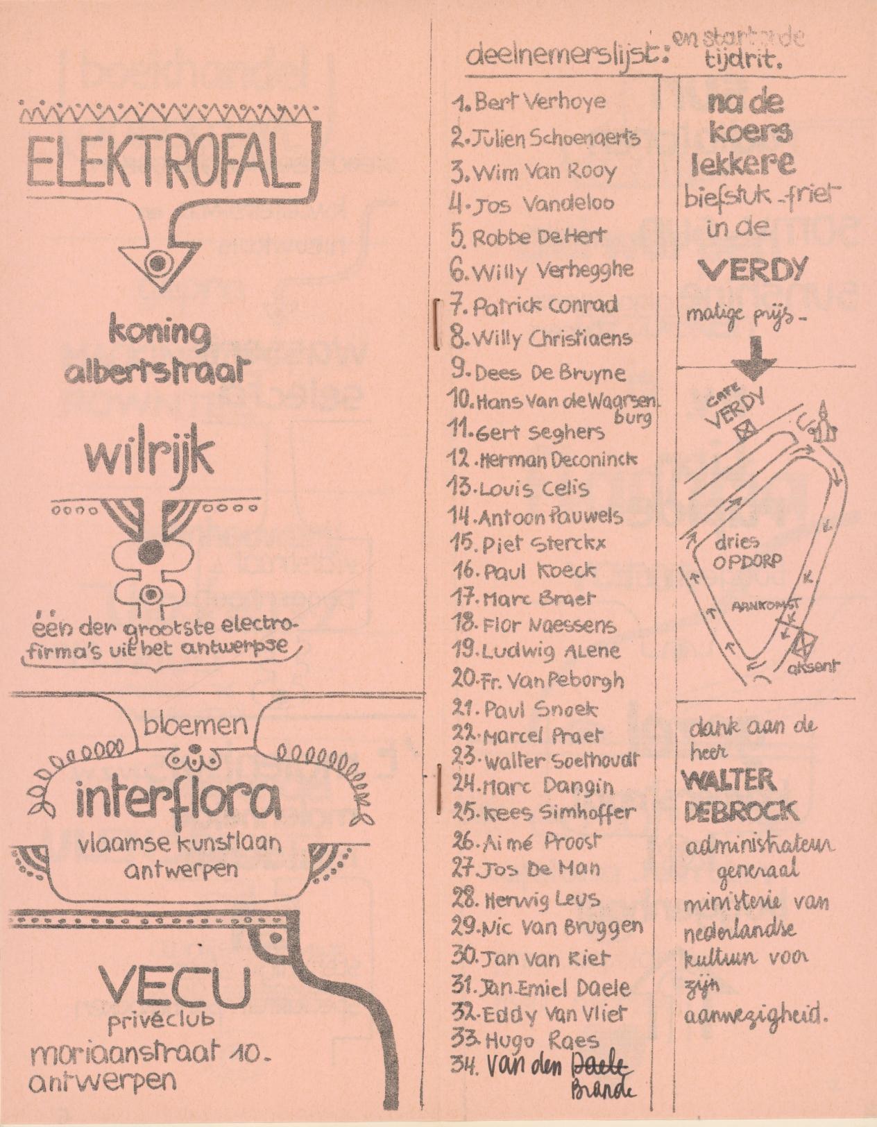 Deelnemerslijst van het tweede artiestenwielercriterium, ontwerp brochure door Theresa van Aken-Van Gerwen, 1972