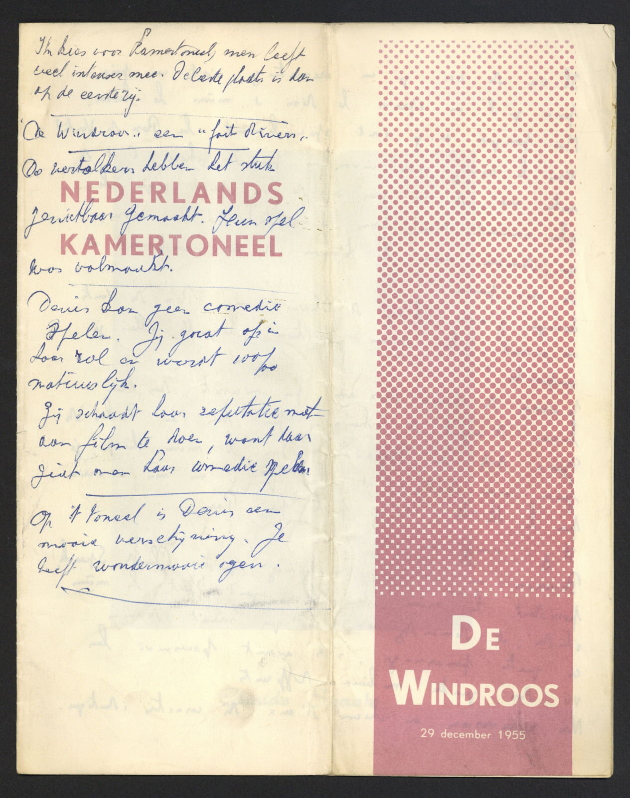 Programmaboekje van De Windroos met op de achterflap enkele handgeschreven notities over de voorstelling.
