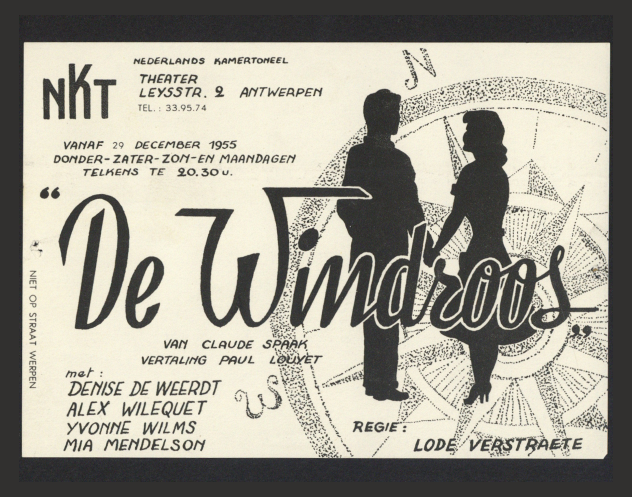 Flyer van de voorstelling De Windroos met silhouet van een koppel en een vage afdruk van een windroos op de achtergrond
