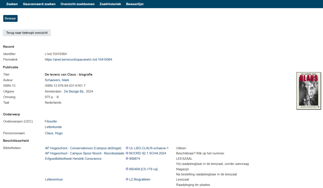 Screenshot van een beschrijving in de ANET-catalogus