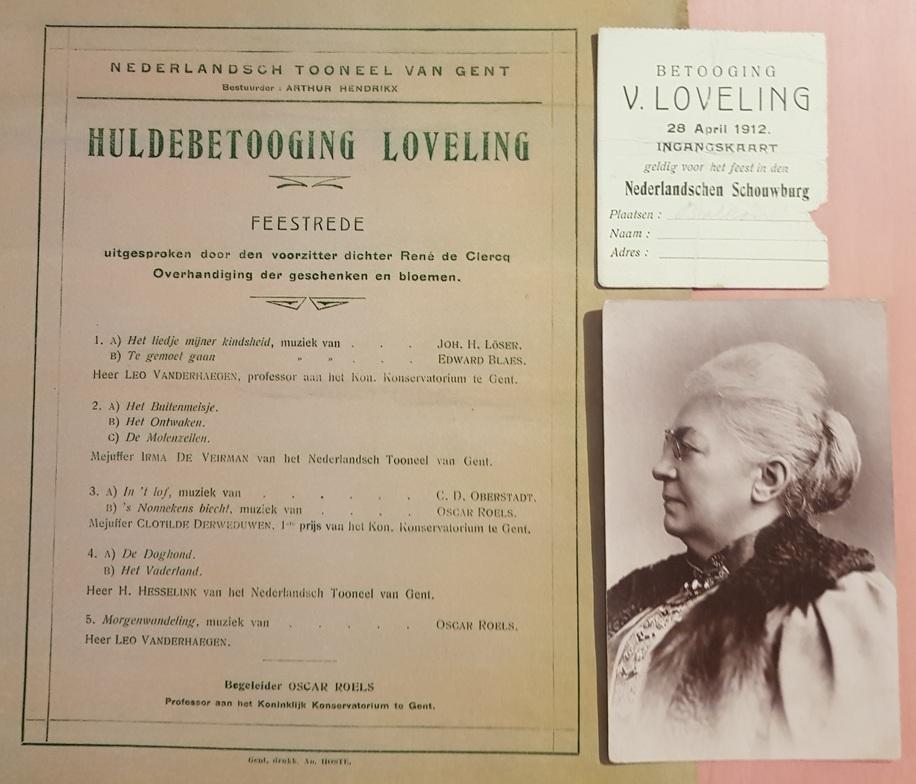 Programma en toegangskaart van de huldebetoging ter ere van Virginie Loveling