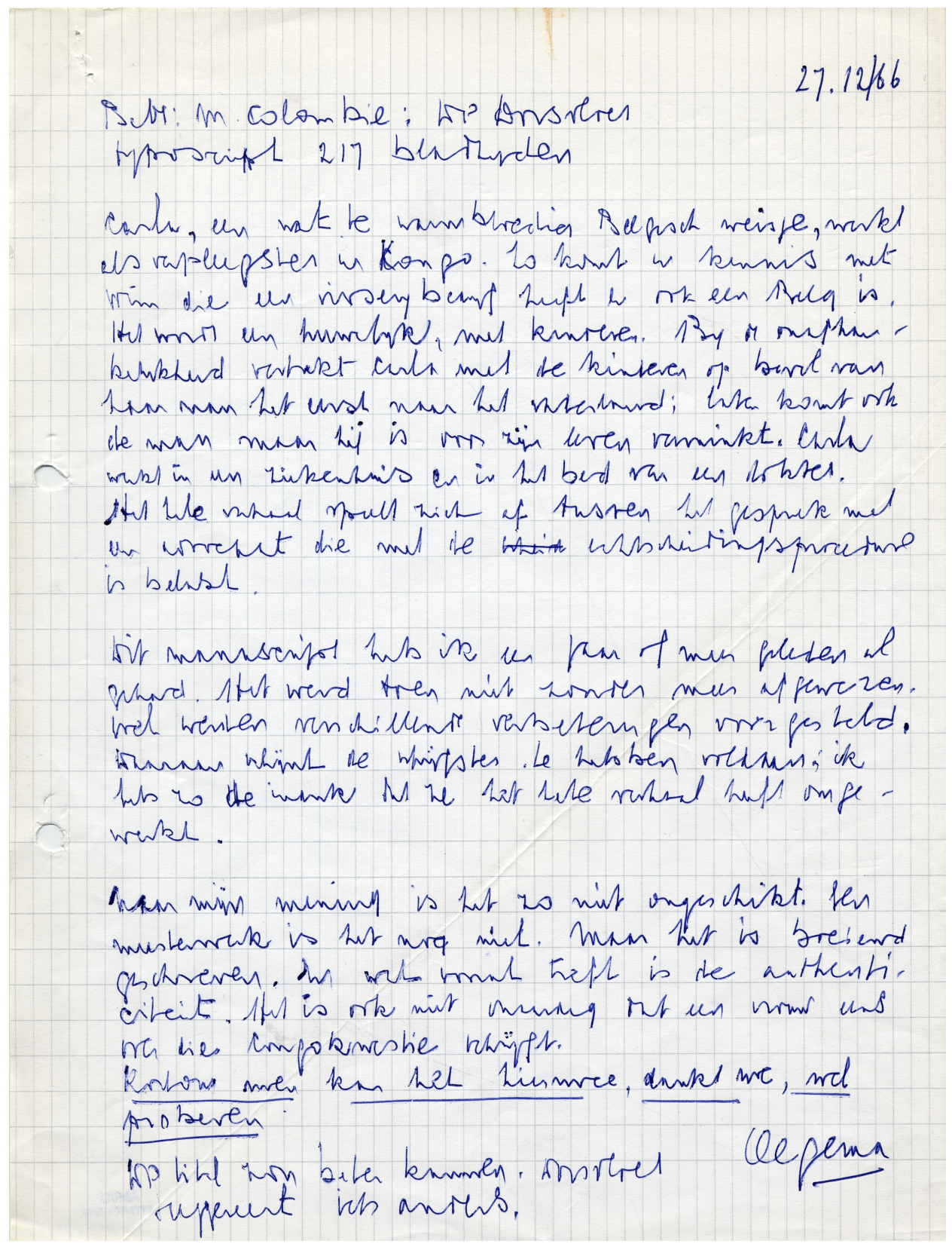 Leesrapport van De dorsvloer, een met de hand beschreven blad