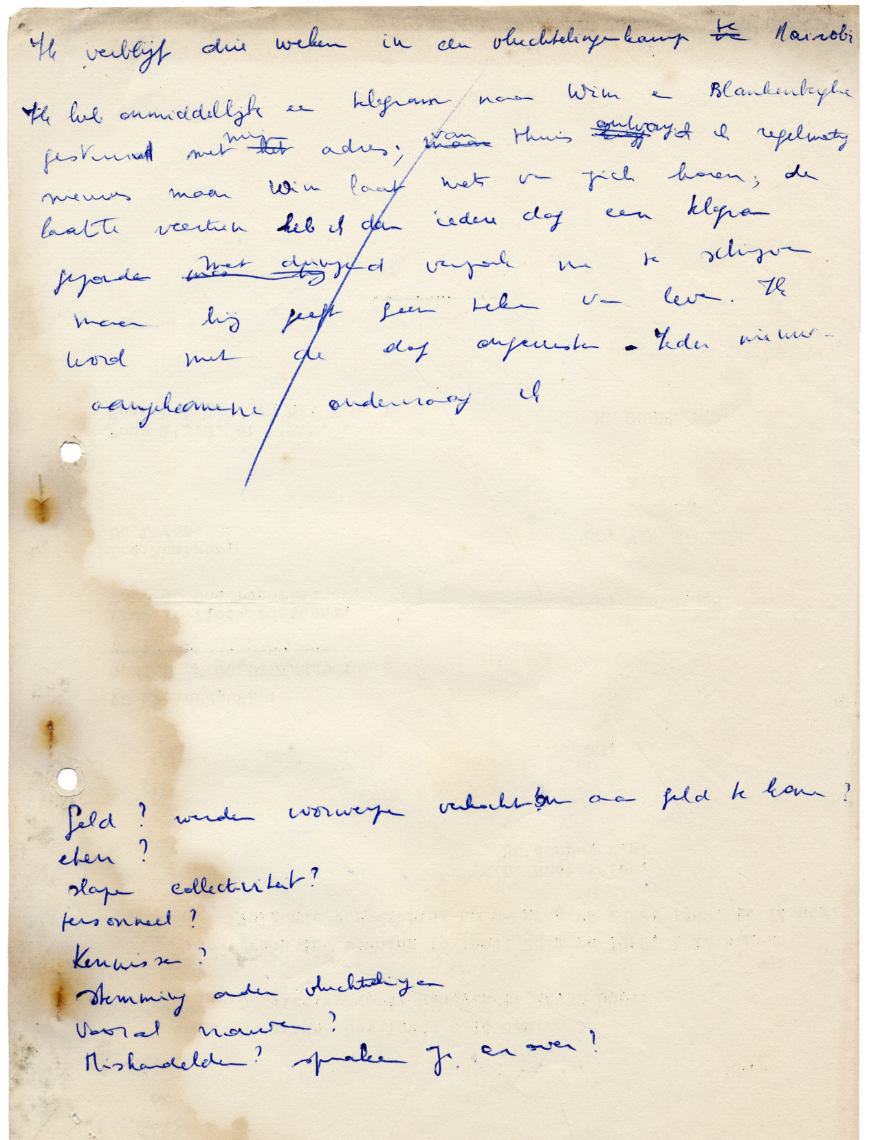 Handschrift van een van de versies van Dagboek van Carla. In blauw geschreven zinnen op een vergeeld blad papier.