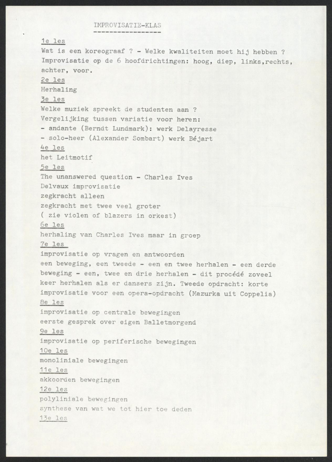 Blad met getypte tekst met lesvoorbereiding voor een reeks improvisatielessen