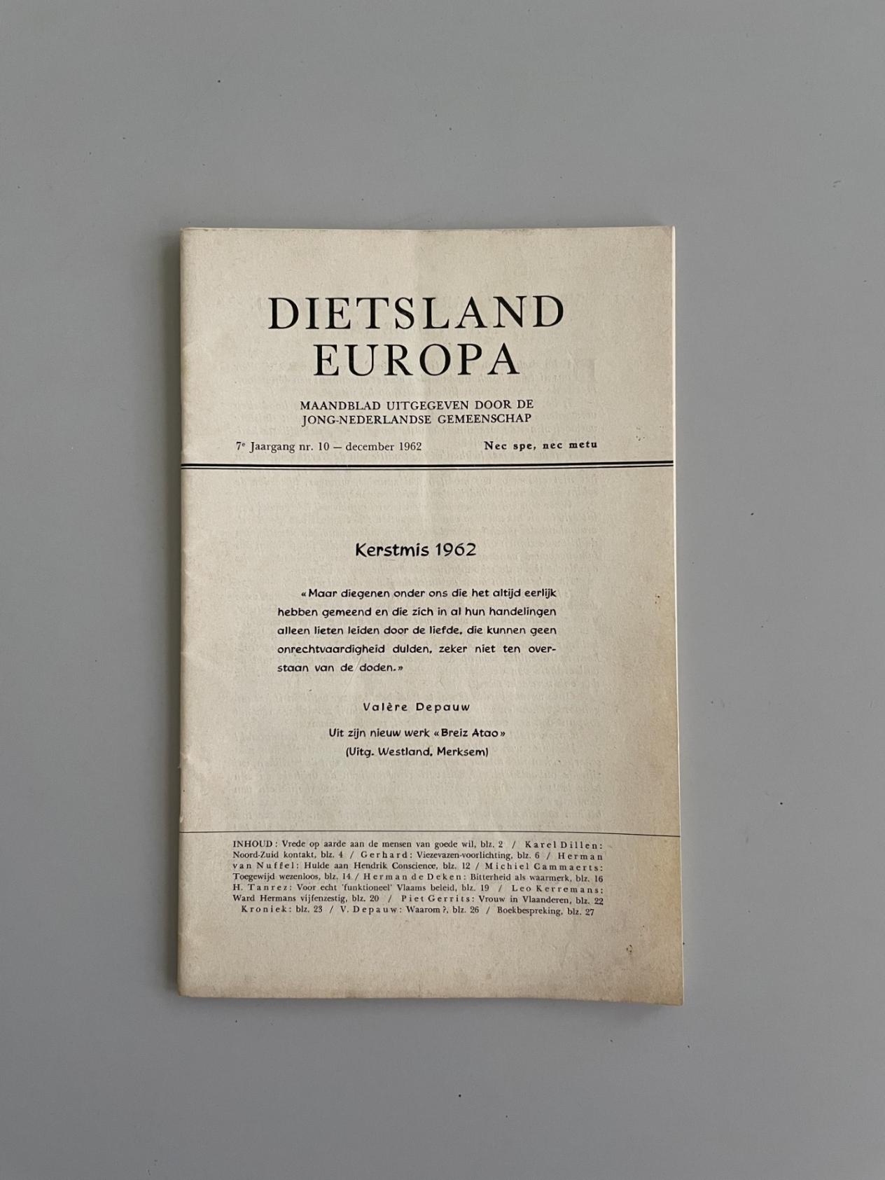 Editie van Dietsland Europa uit december 1962 met op het voorblad een citaat uit Breiz Atao 