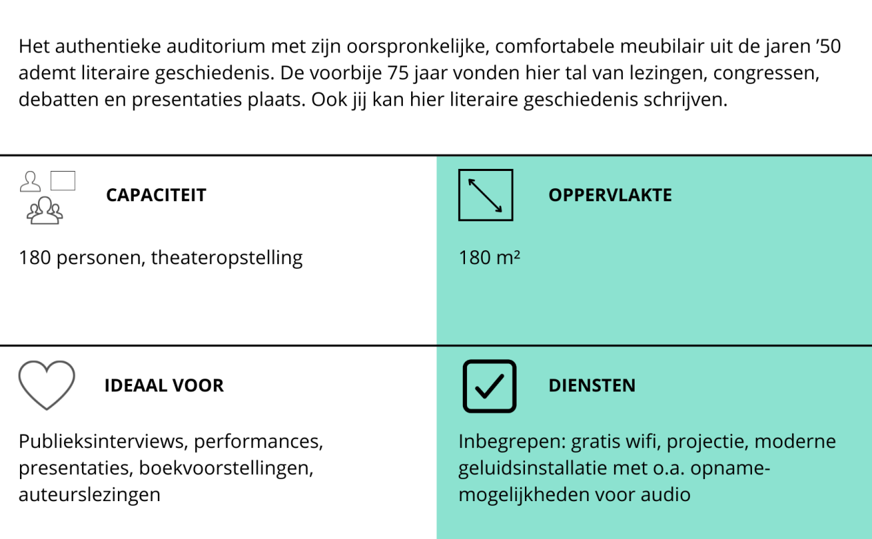 Informatiefiche over het auditorium: 180 personen theateropstelling, 180 m², gratis wifi, projectie, moderne geluidsinstallatie met opnamemogelijkheid voor audio, ideaal voor publieksinterviews, performances, presentaties, boekvoorstellingen en auteurslezingen