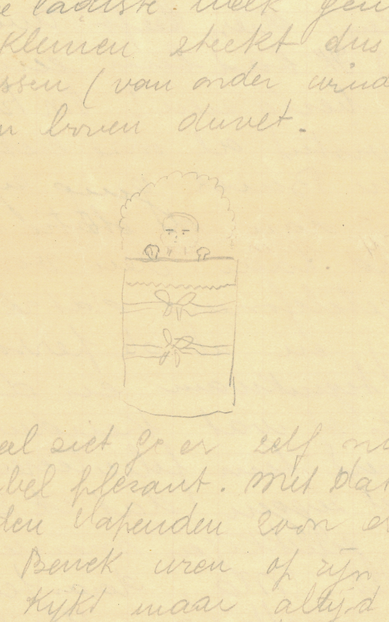 Fragment van de brief van Adèle de Ridder aan haar moeder, met een schets van baby Jan Maniewski.