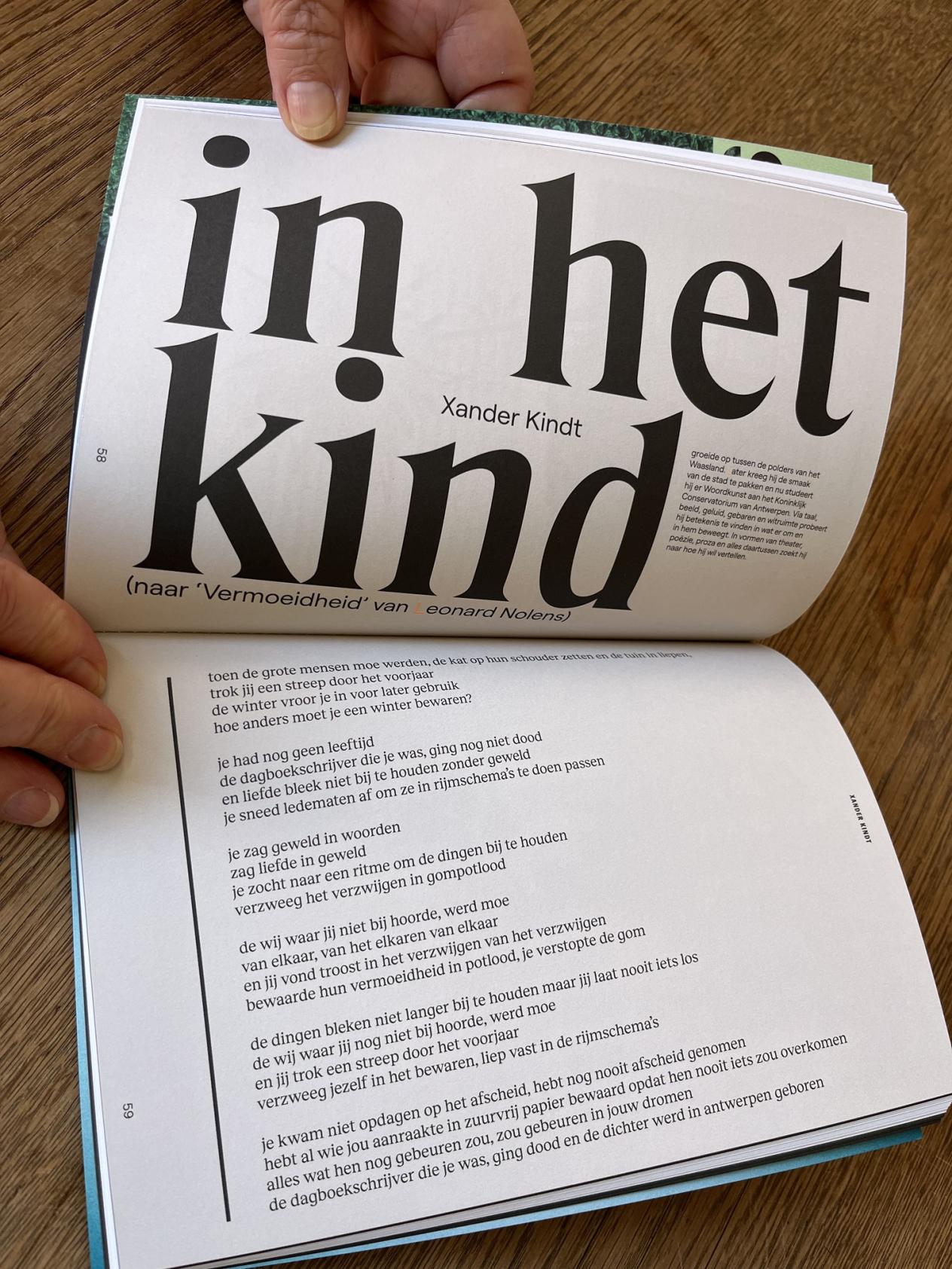 Foto van de pagina's in Deus Ex Machina 197 met het gedicht 'in het kind' van Xander KIndt.