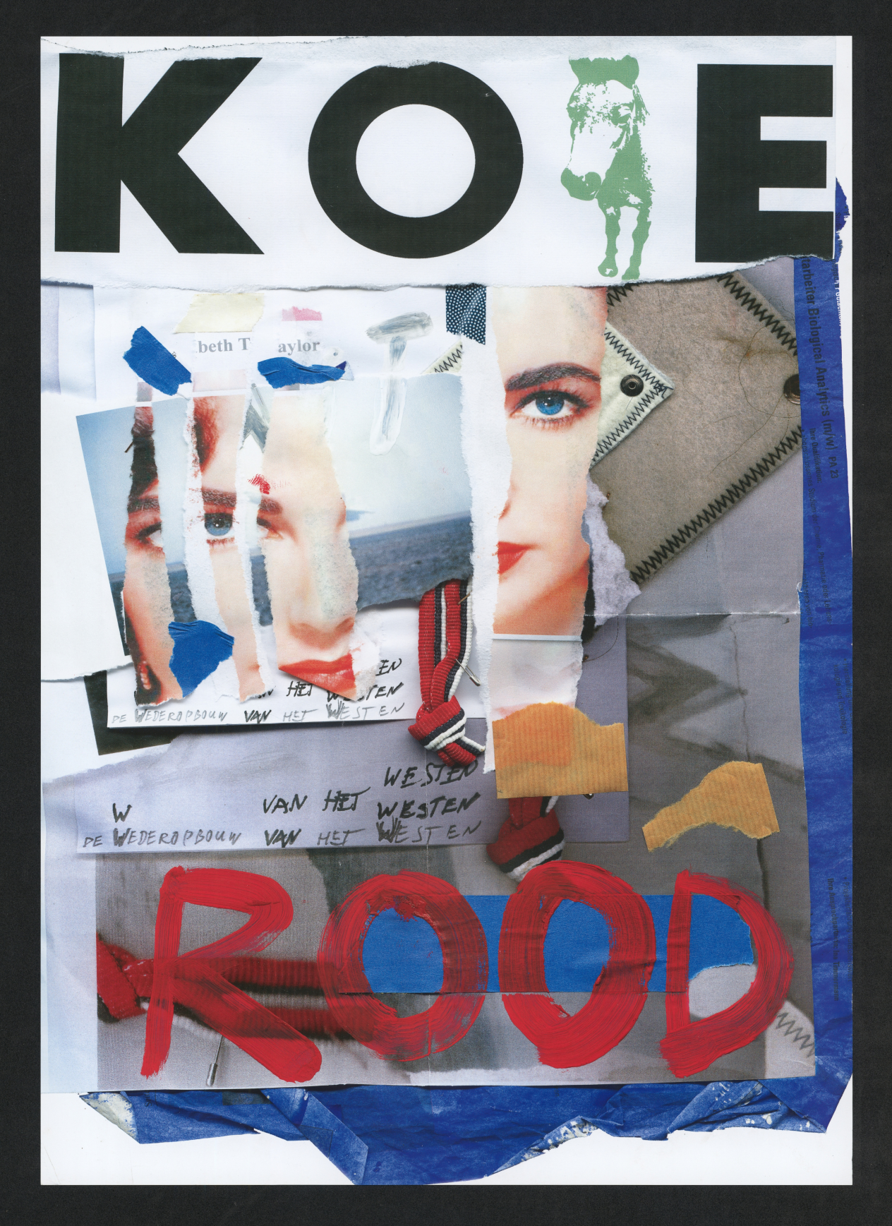 Affiche van de voorstelling Rood van De KOE. Je ziet een collage van knipsels waaronder twee keer een vourwengezicht, één keer in stukken verscheurd, één keer in zijn geheel. Daarnaast nog andere nietszeggende knipsels op een blauwe achtergrond. De letters ROOD staan onderaan over de collage geschilderd met rode verf.