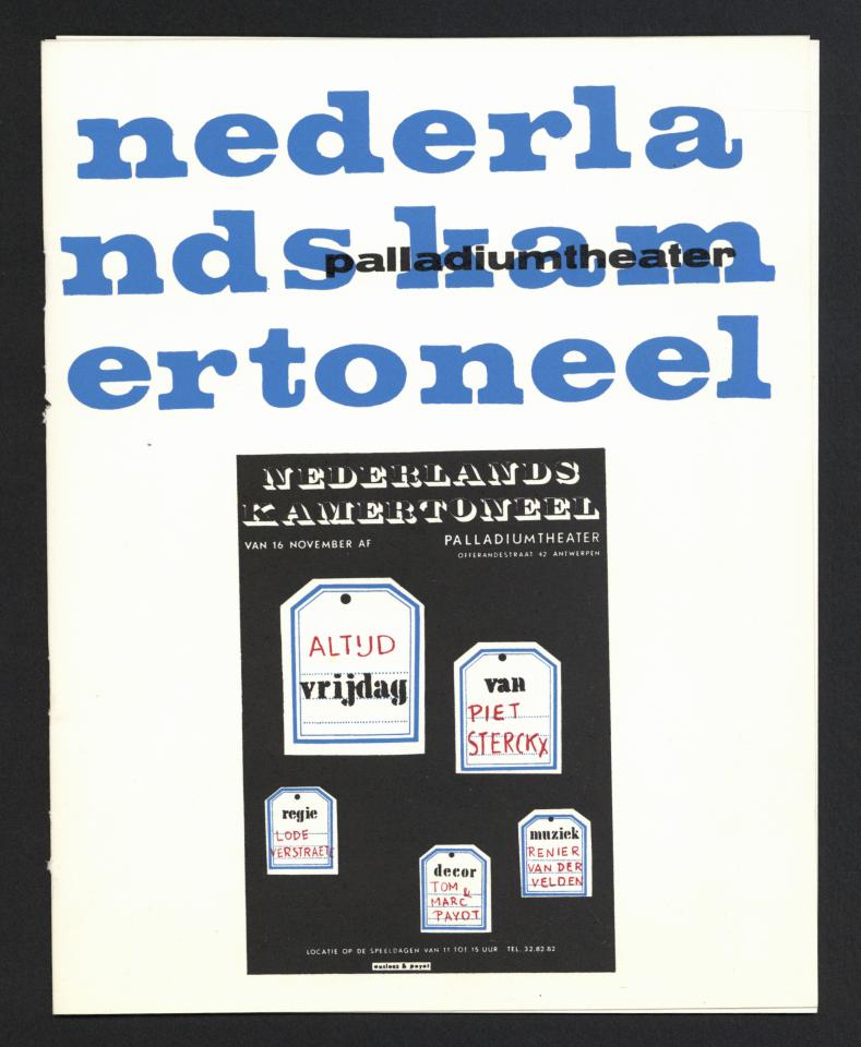 Flyer van de voorstelling Altijd Vrijdag. Nederlands kamertoneel staat er in grote blauwe letters op. In een zwart vak staan labels met daarin de gegevens over het toneelstuk, zoals titel, regisseur enzovoort