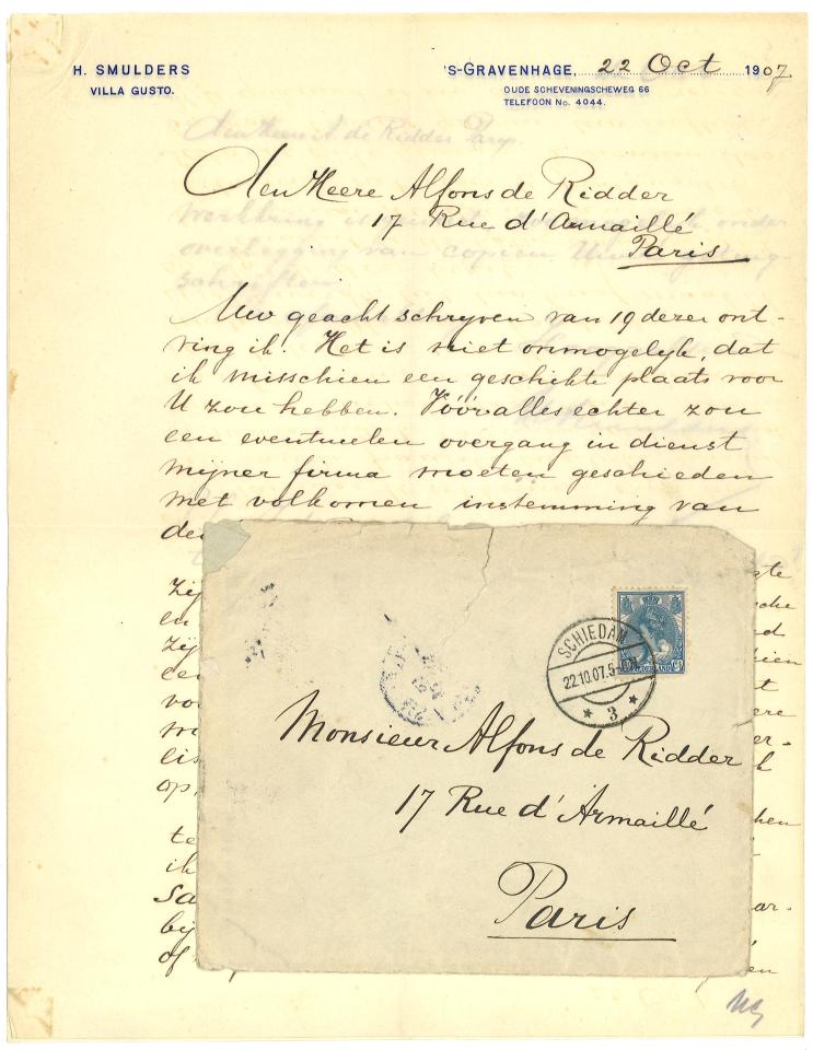 Brief van Henri Smulders (Werf Gusto) aan Alfons de Ridder, 22 oktober 1907