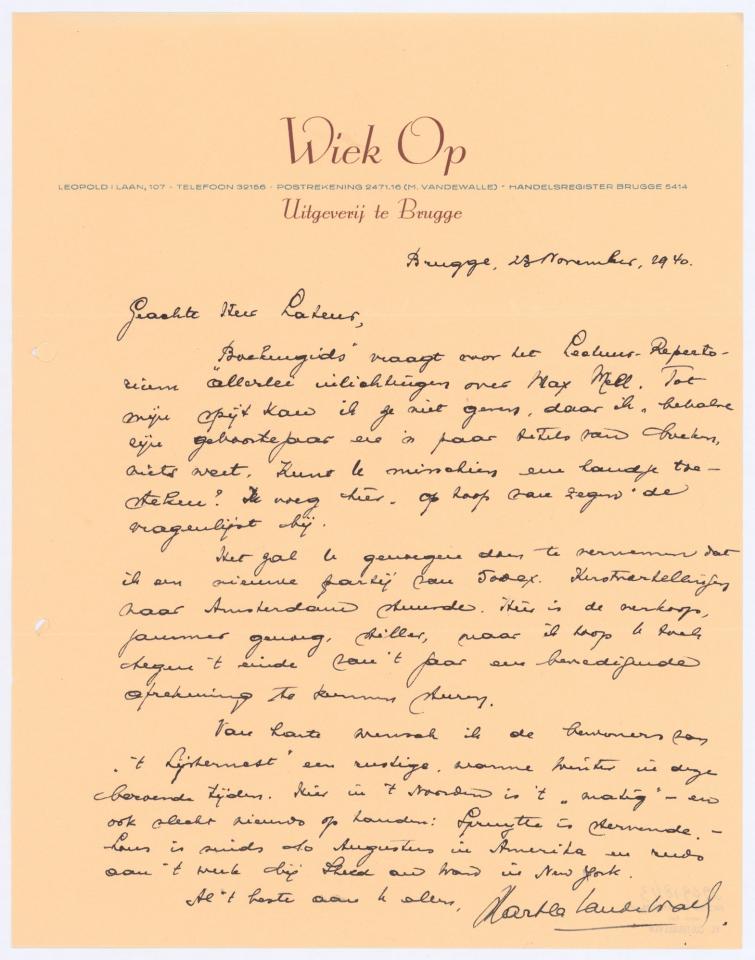 Brief van Martha van de Walle namens uitgeverij Wiek-Op aan Frank Lateur (Stijn Streuvels), 28 november 1940.