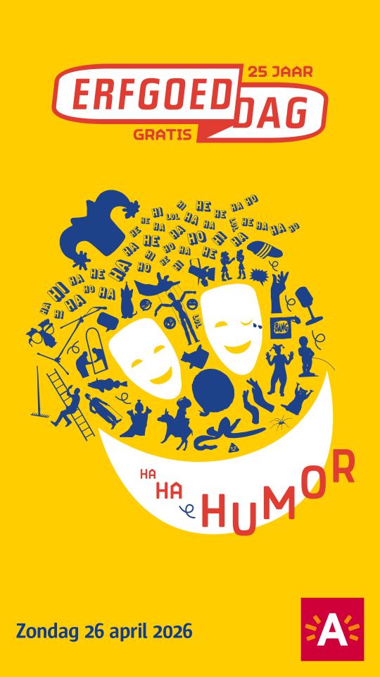 Affiche van Erfgoeddag 2026 met humor als thema en twee lachende mime-maskers als illustratie