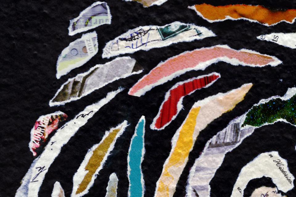 Een close-up van de collage die Radwan maakte voor Zuurvij 50. Kleurrijke snippers van eerdere Zuurvrij-nummers in boogvorm zijn op een zwarte achtergrond gekleefd. Sommige snippers bevatten stukken tekst, andere enkele kleur of een deeltje van een illustratie.