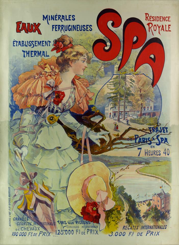 Fernand Toussaint: affiche voor bezoek aan Spa, 1900: links een vrouw met zwierige kleding en opgestoken haar, rechts een aantal zichten op Spa als kuuroord.