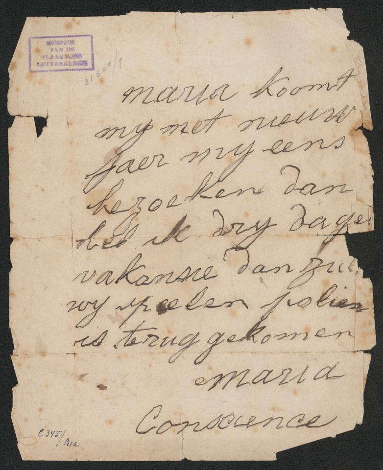 Briefje van de zesjarige Marie Conscience aan een vriendinnetje, 1858.