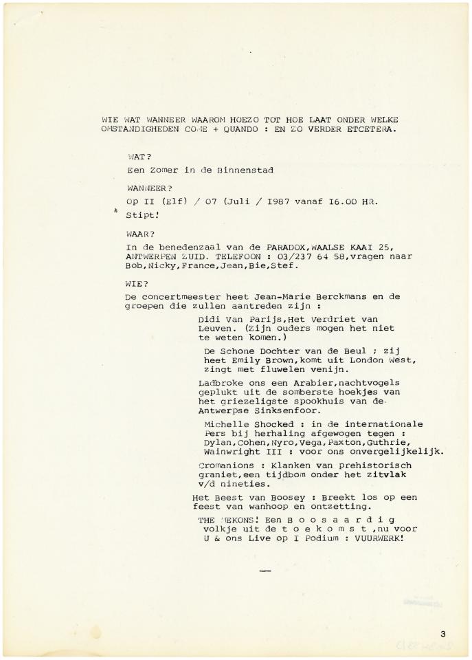 JMH Berckmans: persbericht voor het festival Summer in the City, 1987