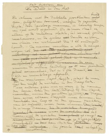 Eerste pagina uit het handschrift van 'Het leven en de dood in den ast' (1926)