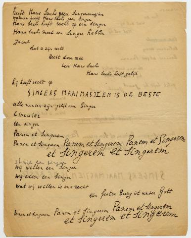 Pagina uit het handschrift van ‘Huldegedicht aan Singer’, 1921