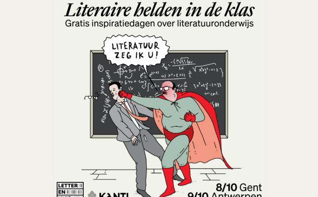 Promoplaatje voor de inspiratiedag Literaire helden in de klas waarop een held een leerkracht slaat en zegt 'Literatuur zeg ik u'