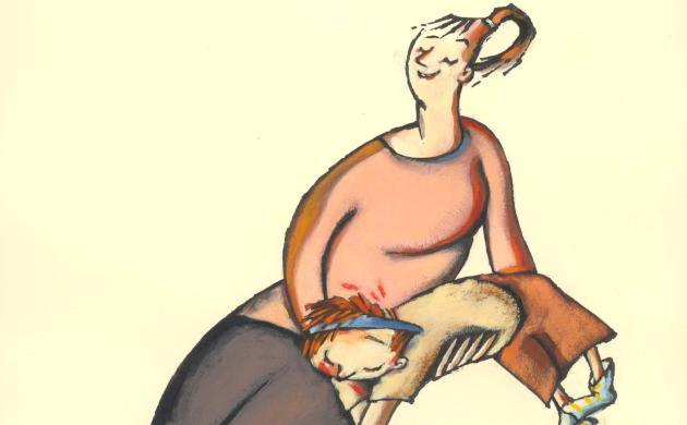 Illustratie van een moeder met een kind dat op haar schoot ligt