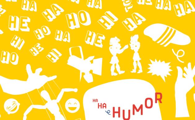 Campagnebeeld van Erfgoeddag 2026 waarop het thema humor wordt afgebeeld met typische illustraties zoals mime-maskers, bananenschil, smileys ...