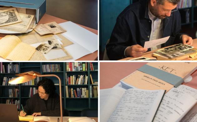 Een collage waarop drie gastauteurs van Zuurvrij 50 te zien zijn terwijl ze archiefmateriaal bestuderen in de leeszaal en 3 afbeeldingen van archieven die gebruikt werden ter inspiratie van het jubileumnummer.