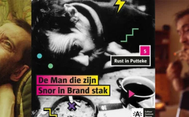 Bannerafbeelding van de podcastreeks 'De man die zijn snor in brand stak' van Radio Rix met foto's van Jean-Marie Berckmans in verschillende poses