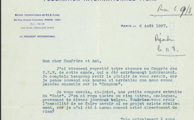 Jules Romain aan August Vermeylen, 6 augustus 1937