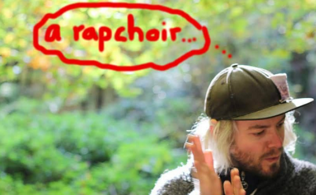 Een tekstballon met 'a rap choir' bij het hoofd van een man met een pet