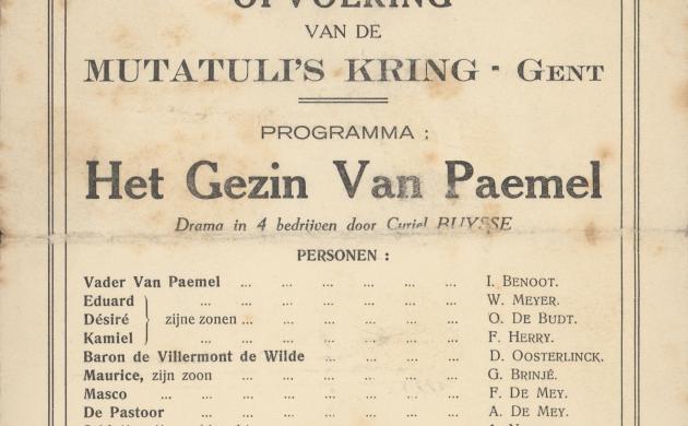 Multatuli's Kring: vliegend blaadje voor de opvoering 'Het gezin Van Paemel', 1914