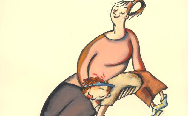 Illustratie van een moeder met een kind dat op haar schoot ligt