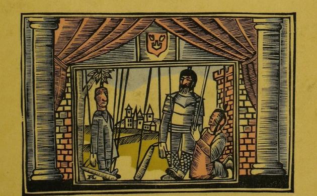 Ingekleurde litho van een Poesjenellenvoorstelling