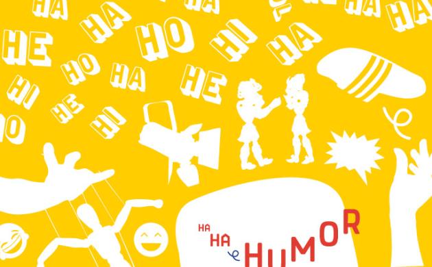 Campagnebeeld van Erfgoeddag 2026 waarop het thema humor wordt afgebeeld met typische illustraties zoals mime-maskers, bananenschil, smileys ...