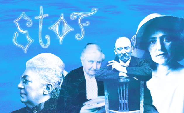 Campagnebeeld van de podcast STOF waarop je portretten van Alice Nahon, Georges Eekhoud en Marie-Elisabeth Belpaire & Virginie Loveling ziet staan.