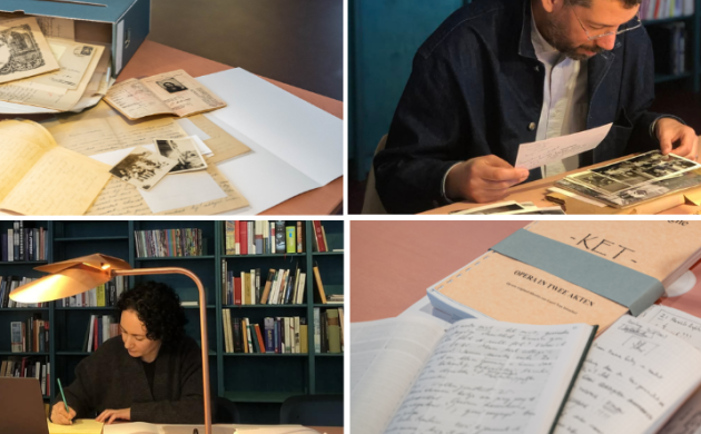 Een collage waarop drie gastauteurs van Zuurvrij 50 te zien zijn terwijl ze archiefmateriaal bestuderen in de leeszaal en 3 afbeeldingen van archieven die gebruikt werden ter inspiratie van het jubileumnummer.
