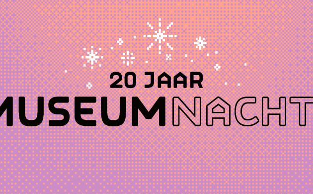 Campagnebeeld van Museumnacht met tekst 20 jaar Museumnacht en vuurwerkspetters