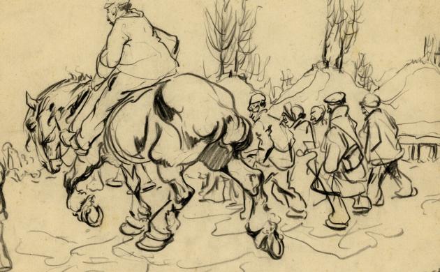 Voorontwerp van de prentbriefkaart ‘De Beêweg door Alfred Ost. Op een beige achtergrond zie je in zwarte contouren een boerenpaard met ruiter en daarnaast een troep mannen al wandelend. Op de achtergrond enkele hutjes.