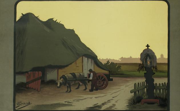 Willem Battaille affiche kunsttentoonstelling Mol, 1907. Bovenaan op de affiche zie je een Kempisch landschap.