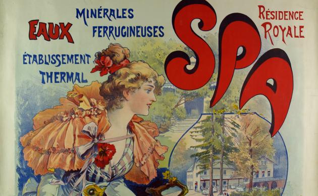 Fernand Toussaint: affiche voor bezoek aan Spa, 1900: links een vrouw met zwierige kleding en opgestoken haar, rechts een aantal zichten op Spa als kuuroord.