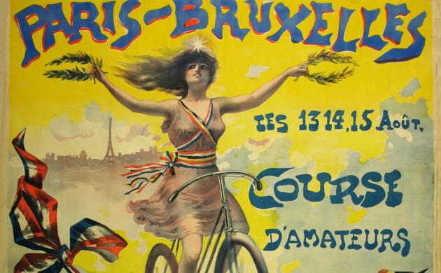 Affiche van de koers PArijs-Brussel met illustratie van een vrouw op een fiets