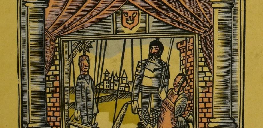 Ingekleurde litho van een Poesjenellenvoorstelling