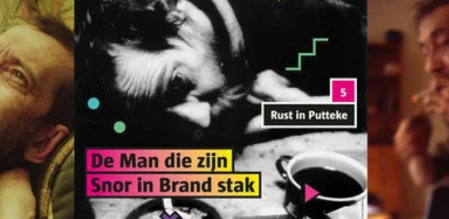 Bannerafbeelding van de podcastreeks 'De man die zijn snor in brand stak' van Radio Rix met foto's van Jean-Marie Berckmans in verschillende poses