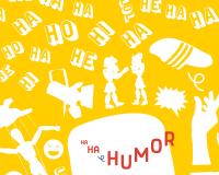 Campagnebeeld van Erfgoeddag 2026 waarop het thema humor wordt afgebeeld met typische illustraties zoals mime-maskers, bananenschil, smileys ...